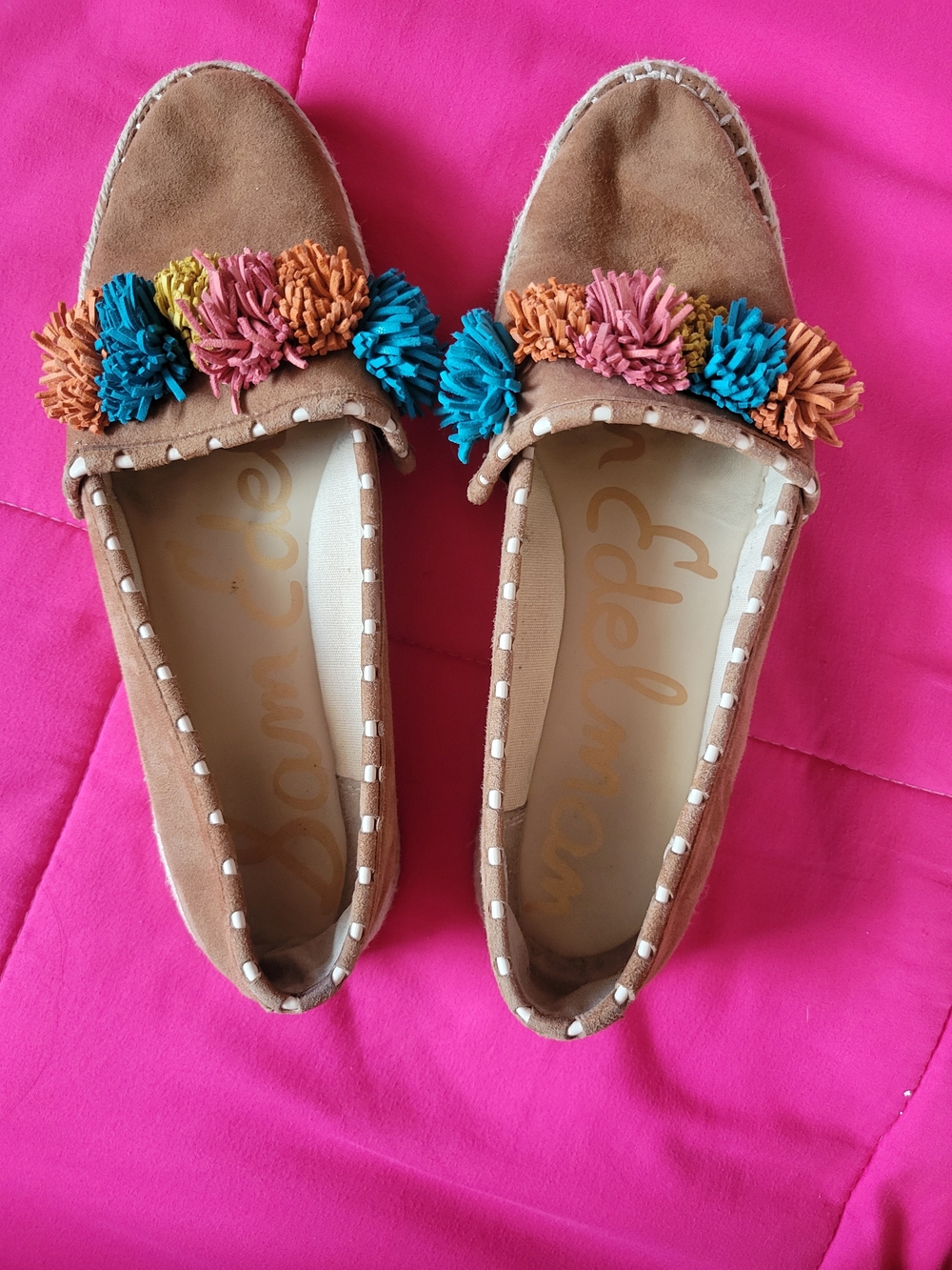 Sam Edelman Suede Pom-Pom Slip-On Loafers in Tan